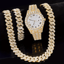 3 Pcs Necklace - Bracelet - Watch - Cuban Chain Watch - Miami Curb Iced Out Paved Rhinestone Rapper Cuban