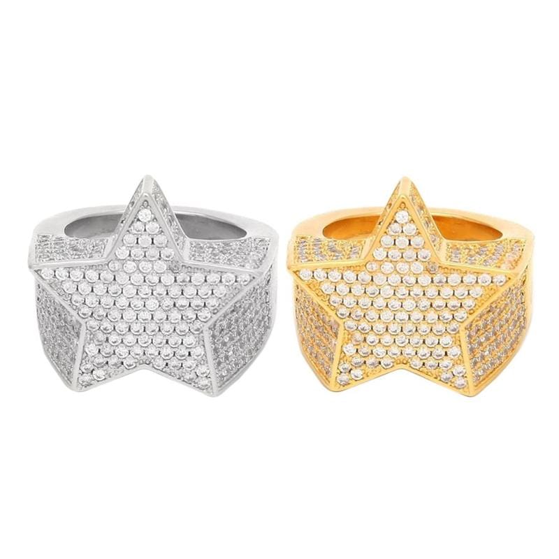 2 Pcs Hip Hop Five-Star Ring – Silver Gold Rings Jewelry Rhinestone