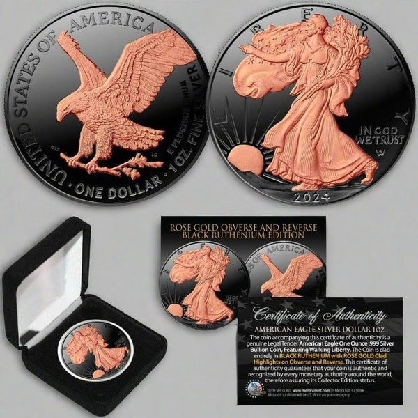 Silver American Eagle, Black Ruthenium, 2024 coin, rose gold, rose gold engagement rings, rose gold necklace, gold rose, gold dipped rose, rose gold rings, rose gold chain, rose gold jewelry,