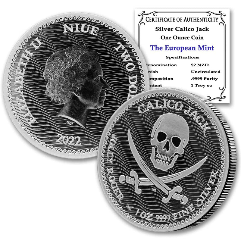 Moneda de la serie Pirata Calico Jack Jolly Roger de plata de 1 oz 2022