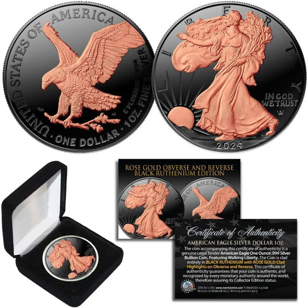 Silver American Eagle, Black Ruthenium, 2024 coin, rose gold, rose gold engagement rings, rose gold necklace, gold rose, gold dipped rose, rose gold rings, rose gold chain, rose gold jewelry,