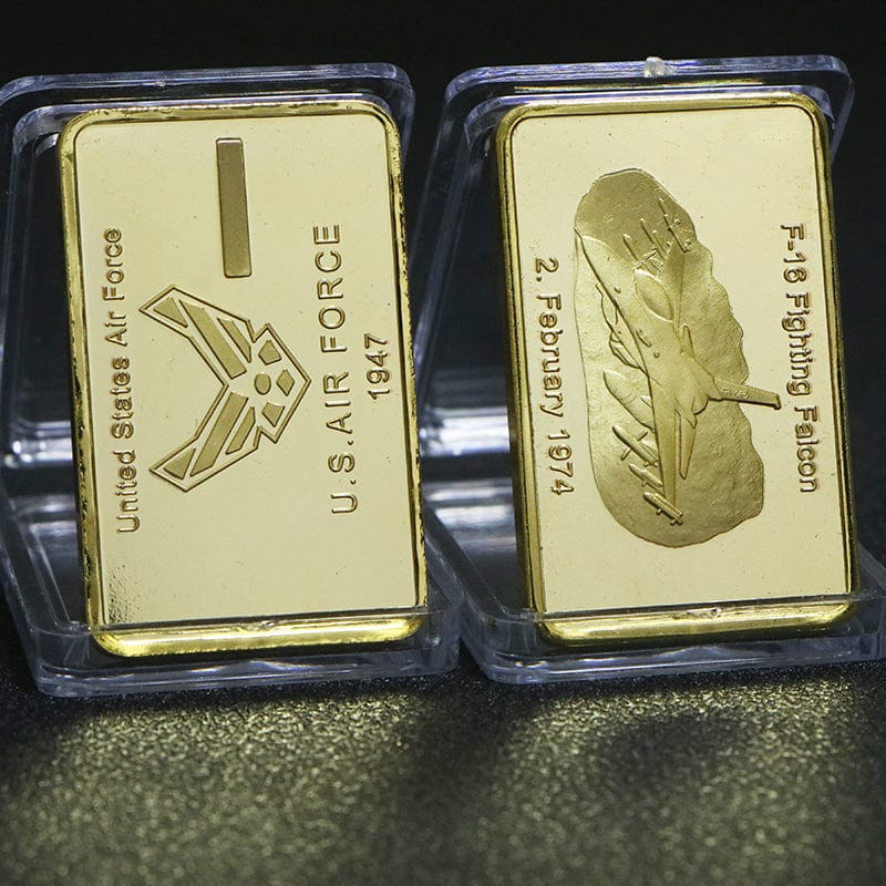 American F 16 Fighter Aircraft 1oz Gold Bar F 16 Gold Edition american-f-16-fighter-aircraft-1oz-gold-bar-f-16-gold-edition