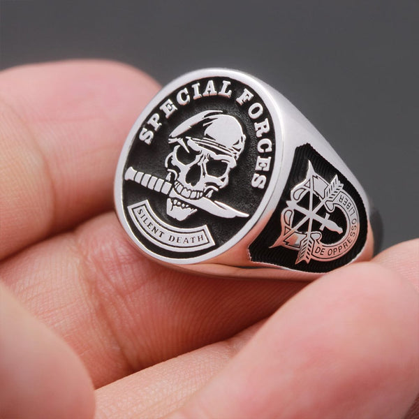 Army Special Forces Skull Ring – Featuring Authentic Morgan Silver Dollar