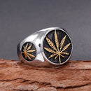 Hip Hop 316L Stainless Steel Bling Gold Ring - Weed Maple Leaf Ice-Out Design