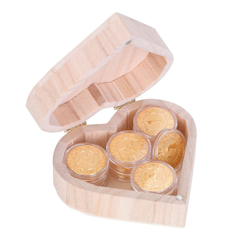 Spanish Golden Wedding Arras De Boda Unity Coins Set With Heart Wood Box