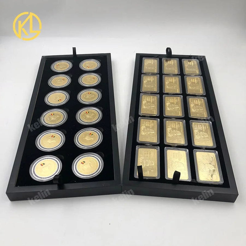 Zimbabwe Gold-Plated Metal Bar Set with Wooden Box, Gold Coin, and Certificate - Perfect VIP Gift