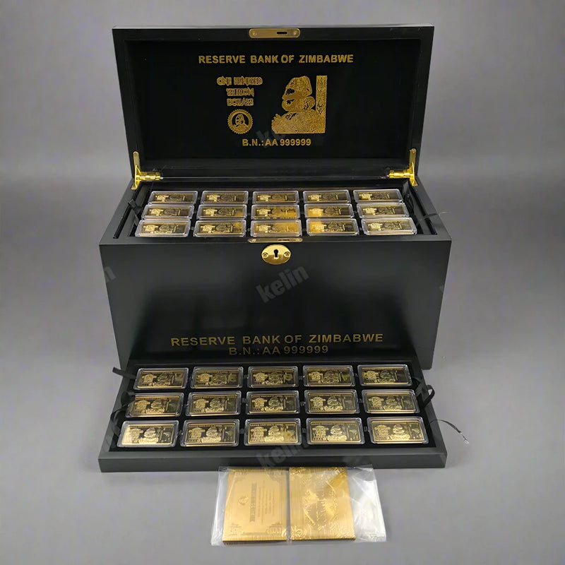 Zimbabwe Gold-Plated Metal Bar Set with Wooden Box, Gold Coin, and Certificate - Perfect VIP Gift