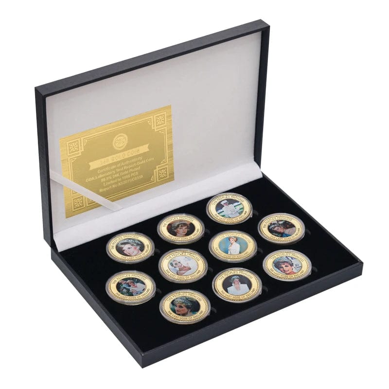 10Pcs Di-ana Princess of Wales Gold Coins Set In Gift Box Challenge Coins