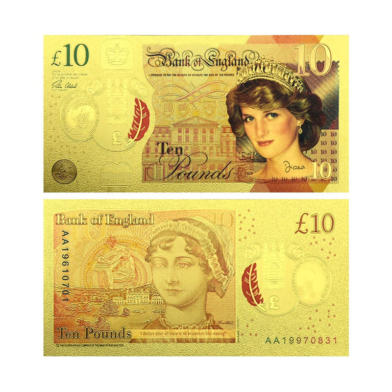 10 Pounds Bill,
Diana Bill,
Spencer Bill,
Colorful Bill,
Gold Banknotes,
Circulation Bill,
Royal Gold 
Banknotes Fans,