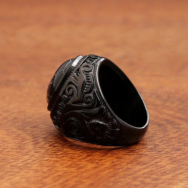 Vintage Stainless Steel Black Stone Ring - Fashion Creative Carved Rings Punk Biker