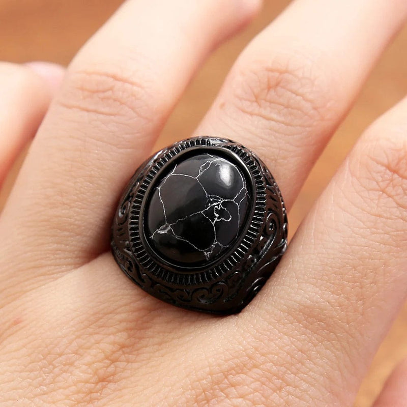 Vintage Stainless Steel Black Stone Ring - Fashion Creative Carved Rings Punk Biker