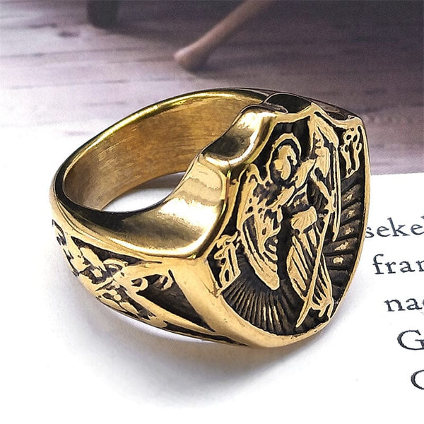 Vintage Ring, Catholic Ring, Saint Ring, Michael Ring, Protection Ring, Stainless Ring, Steel Ring, Gold Ring, Plated Ring, Archangel Ring, Boyfriend Ring, 