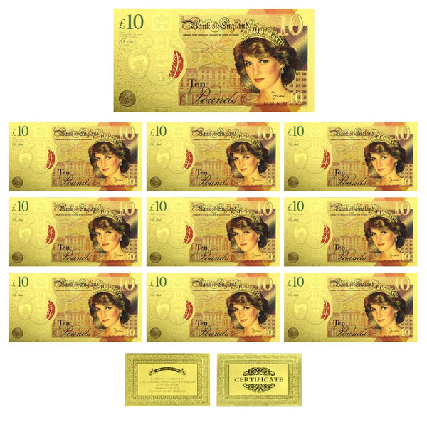 10 Pounds Bill,
Diana Bill,
Spencer Bill,
Colorful Bill,
Gold Banknotes,
Circulation Bill,
Royal Gold 
Banknotes Fans,