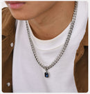 Geometric Square Blue Stainless Steel Cuban Link Chain Necklace, Stainless Steel Lucky Collar,
