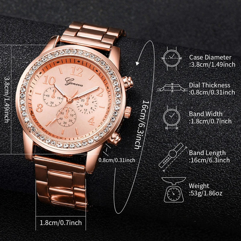 6PCS Watch Set: Rhinestone Quartz Watches, Stainless Steel Band, Diamond Style (No Box)