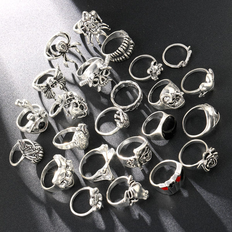 24 Pcs Gothic Skeleton Unisex Ring Set Punk Grunge Butterfly Frog Woman Man