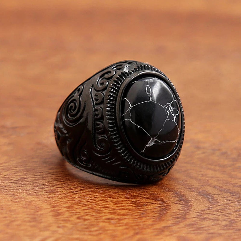 Vintage Stainless Steel Black Stone Ring - Fashion Creative Carved Rings Punk Biker