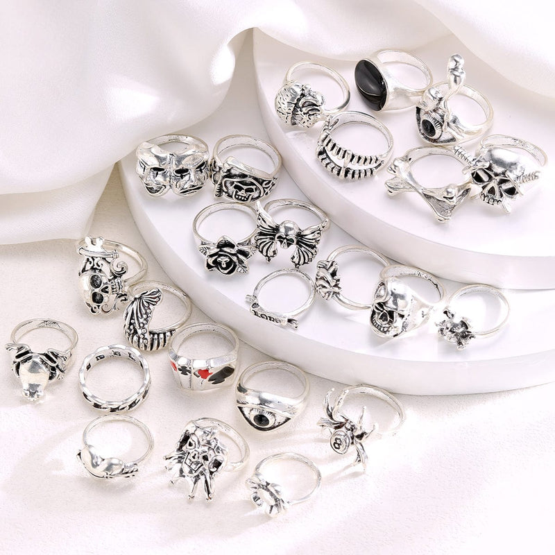 24 Pcs Gothic Skeleton Unisex Ring Set Punk Grunge Butterfly Frog Woman Man