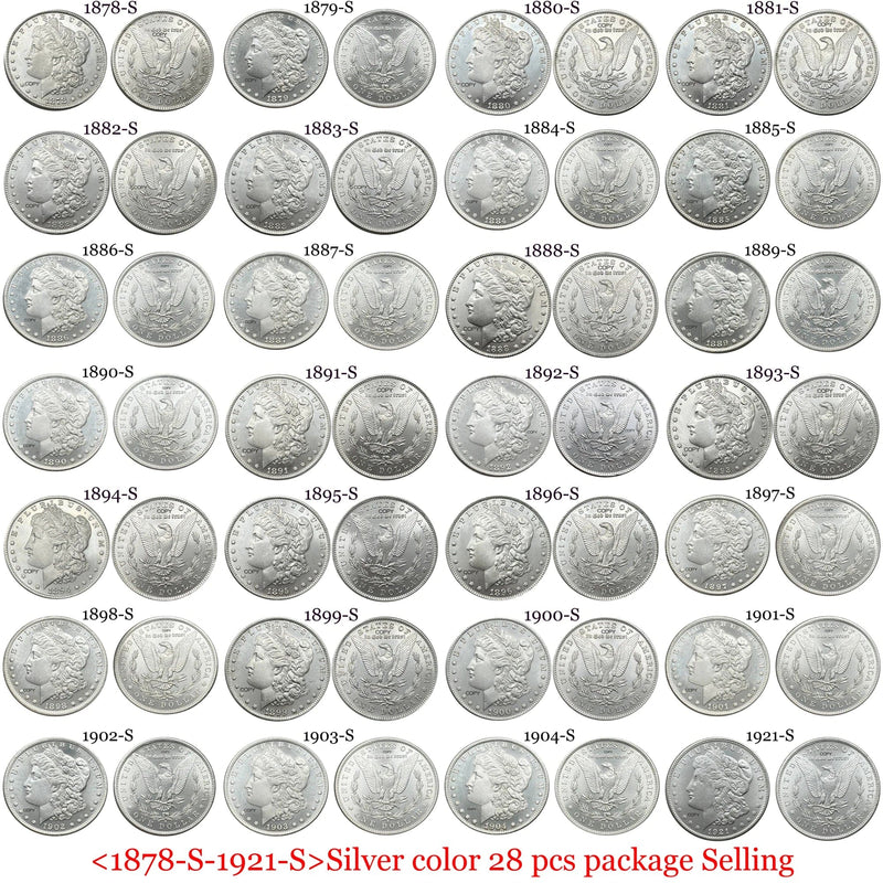 US 1878 S - 1921 S - 28 Pcs One 1 Dollar Morgan Silver Plated America Commemorative Coin Liberty Moneda Collectible Coins