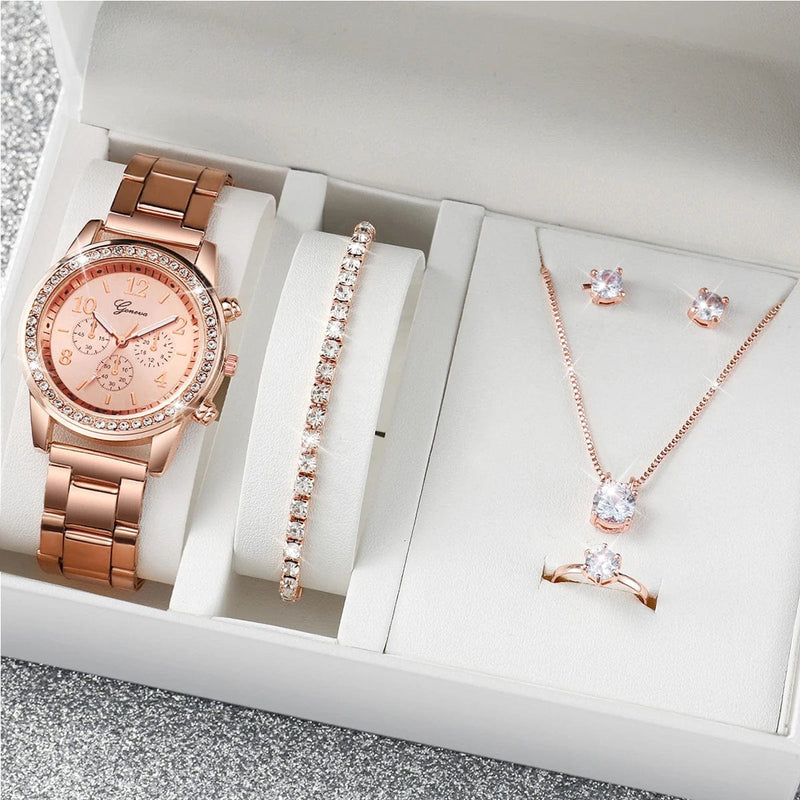 6PCS Watch Set: Rhinestone Quartz Watches, Stainless Steel Band, Diamond Style (No Box)