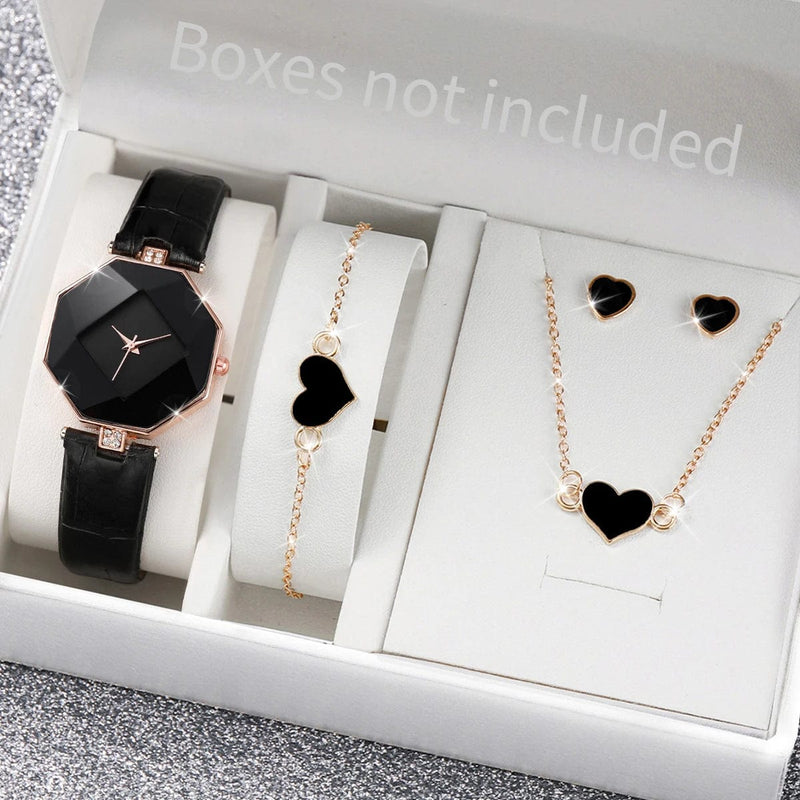 5Pcs Fashion Watch Set: Leather Band Quartz Watches & Heart Jewelry (No Box)