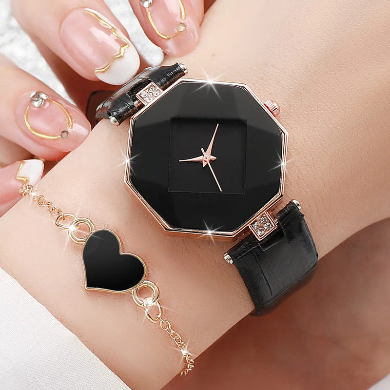 5Pcs Fashion Watch Set: Leather Band Quartz Watches & Heart Jewelry (No Box)