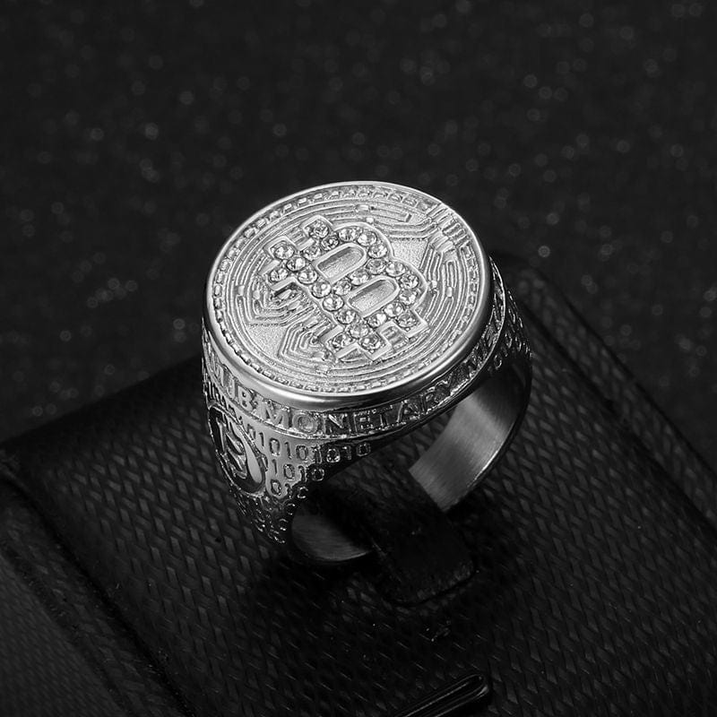 Bitcoin Round Silver Ring - HIP Hop Bling Iced Out Rapper Jewelry