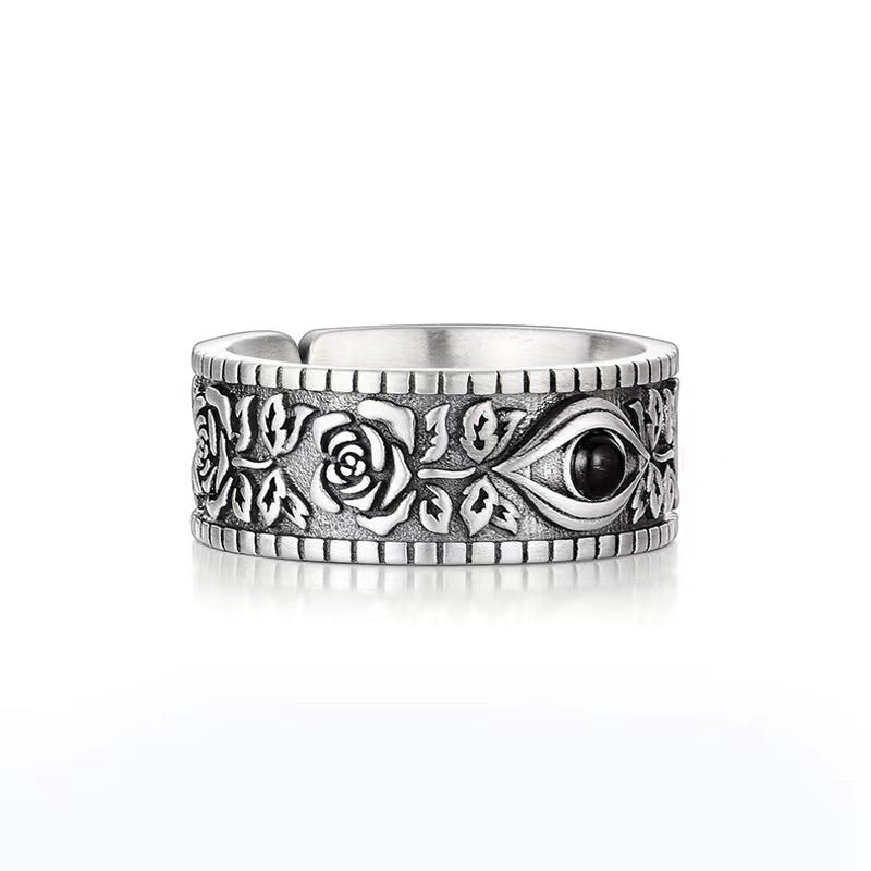 eye ring, flower ring, evil eye ring, flower engagement ring, floral engagement rings, rose ring, gold rose ring, eyeball ring, haldi jewellery, rose gold rose ring,