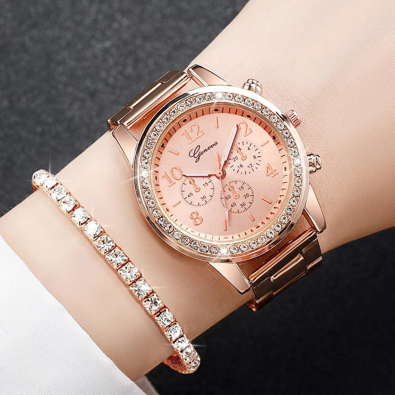 6PCS Watch Set: Rhinestone Quartz Watches, Stainless Steel Band, Diamond Style (No Box)